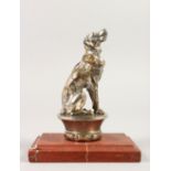 AN EARLY METAL CAR MASCOT, A SEATED DOG. 14cms high, on a marble base.