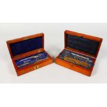 TWO FITTED MAHOGANY ARCHITECT BOXES, with instruments. One Signed J.J.T. & S. 19cms long.