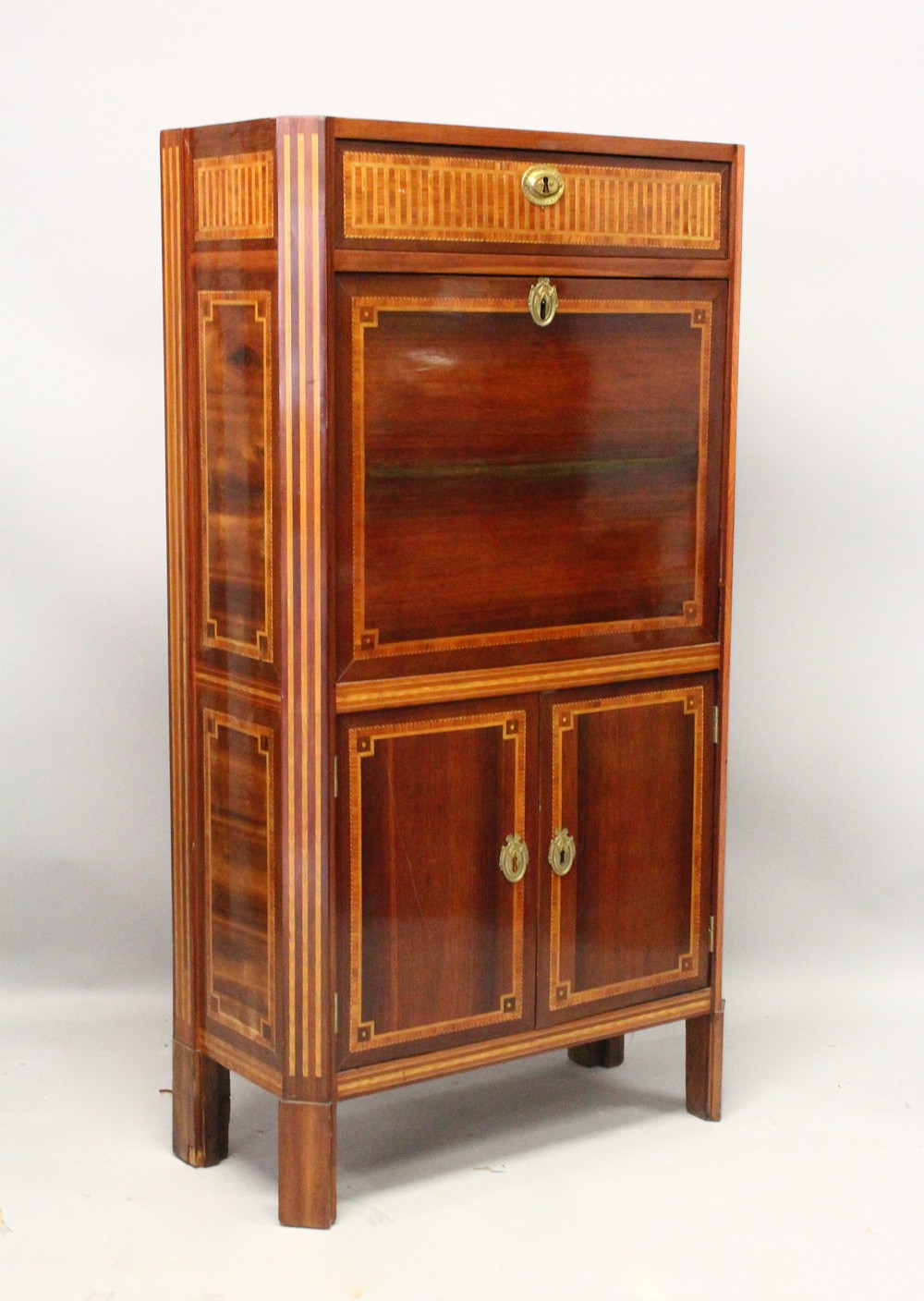 AN 18TH CENTURY DUTCH INLAID MAHOGANY ESCRITOIRE with marble top, small drawer over a fall front