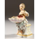 A GOOD SMALL 19TH CENTURY MEISSEN PORCELAIN FIGURE OF A YOUNG GIRL, seated on a plinth and holding a