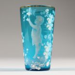 A VICTORIAN MARY GREGORY TURQUOISE TUMBLER, CIRCA. 1880, painted with a girl. 3.75ins high.