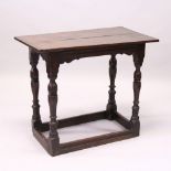 AN 18TH CENTURY AND LATER SIDE TABLE, with later cleated twin plank top, baluster legs united by a