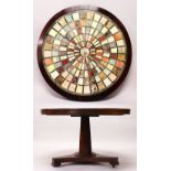 A 19TH CENTURY MAHOGANY PEDESTAL CENTRE TABLE, with a circular specimen marble top, supported on