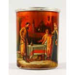 A SMALL RUSSIAN SILVER BEAKER, enamelled with a scene of figures by a table, with engraved