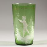 A VICTORIAN MARY GREGORY GREEN TUMBLER, CIRCA. 1880, painted with a boy. 4.5ins high.