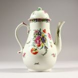 A VERY GOOD 18TH CENTURY WORCESTER COFFEE POT AND COVER, CIRCA. 1770, painted with flowers. 22cms