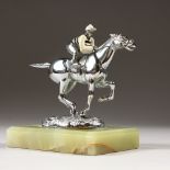 A CHROME CAR MASCOT, HORSE AND JOCKEY. 14cms long, on an onyx base.