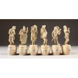 A VERY GOOD SET OF SIX 19TH CENTURY DIEPPE CARVED MUSICIANS, standing on barrels, comprising