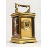 A GOOD 19TH CENTURY FRENCH BRASS CARRIAGE CLOCK, with alarm, the sides with Limoges enamel panels.