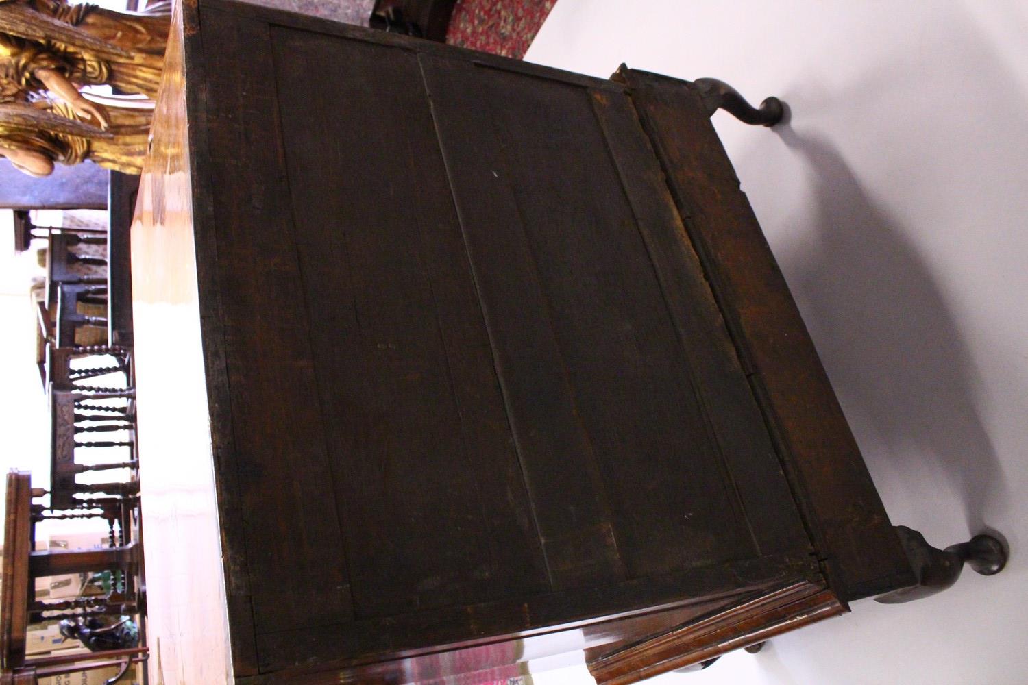 AN EARLY 18TH CENTURY WALNUT CHEST ON STAND, with a herringbone inlaid top, four graduated long - Image 14 of 17