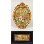 A FRAMED NEEDLEWORK PICTURE, "Pheasant Shoot", 6cms x 16cms, and a gilt framed oval needlework