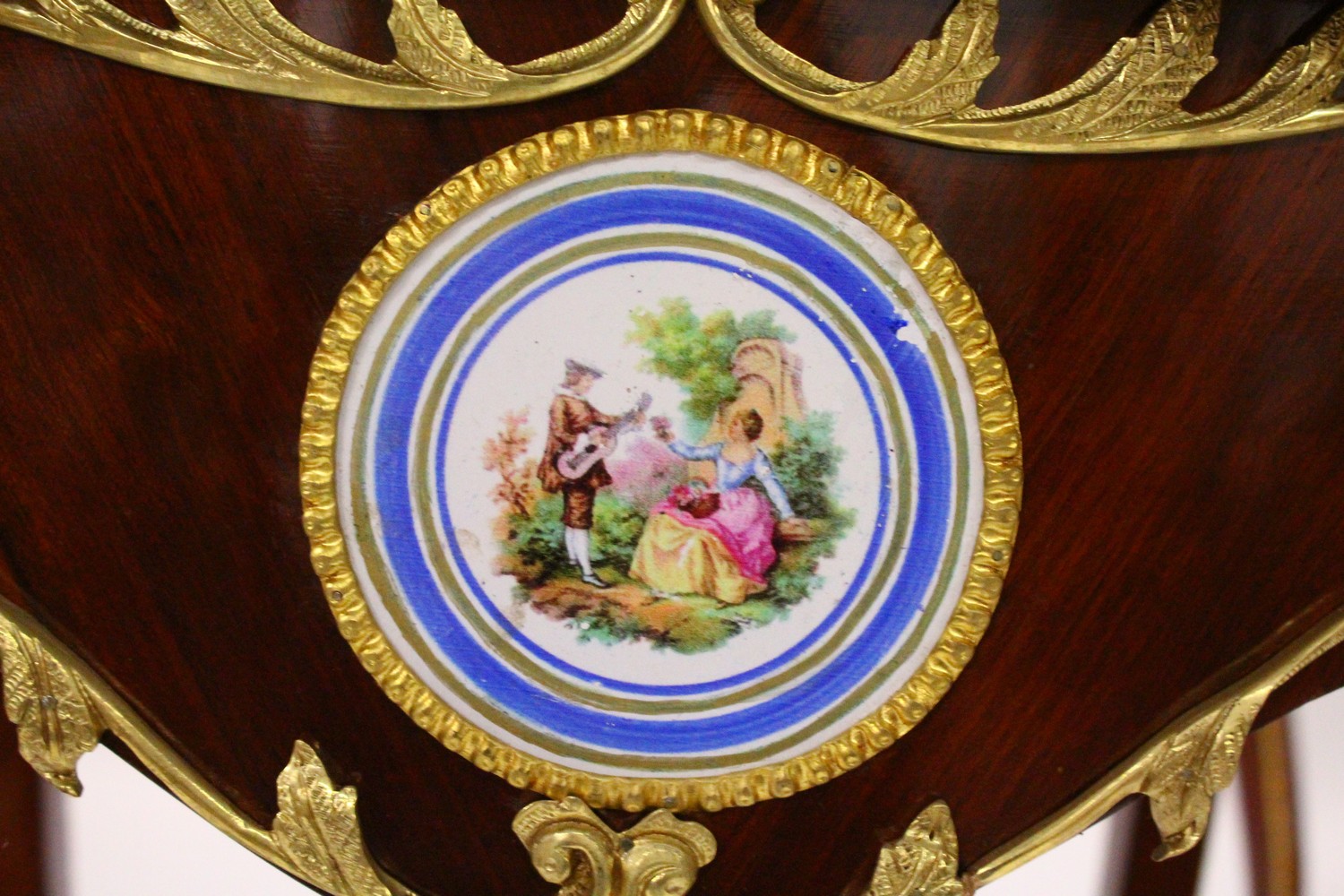 A PAIR OF FRENCH STYLE MARQUETRY AND ORMOLU CENTRE TABLES, each inset with porcelain panels, on - Image 2 of 4