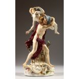 A GOOD MEISSEN CLASSICAL GROUP, A YOUNG LADY BEING KIDNAPPED, on an oval base. Cross swords mark