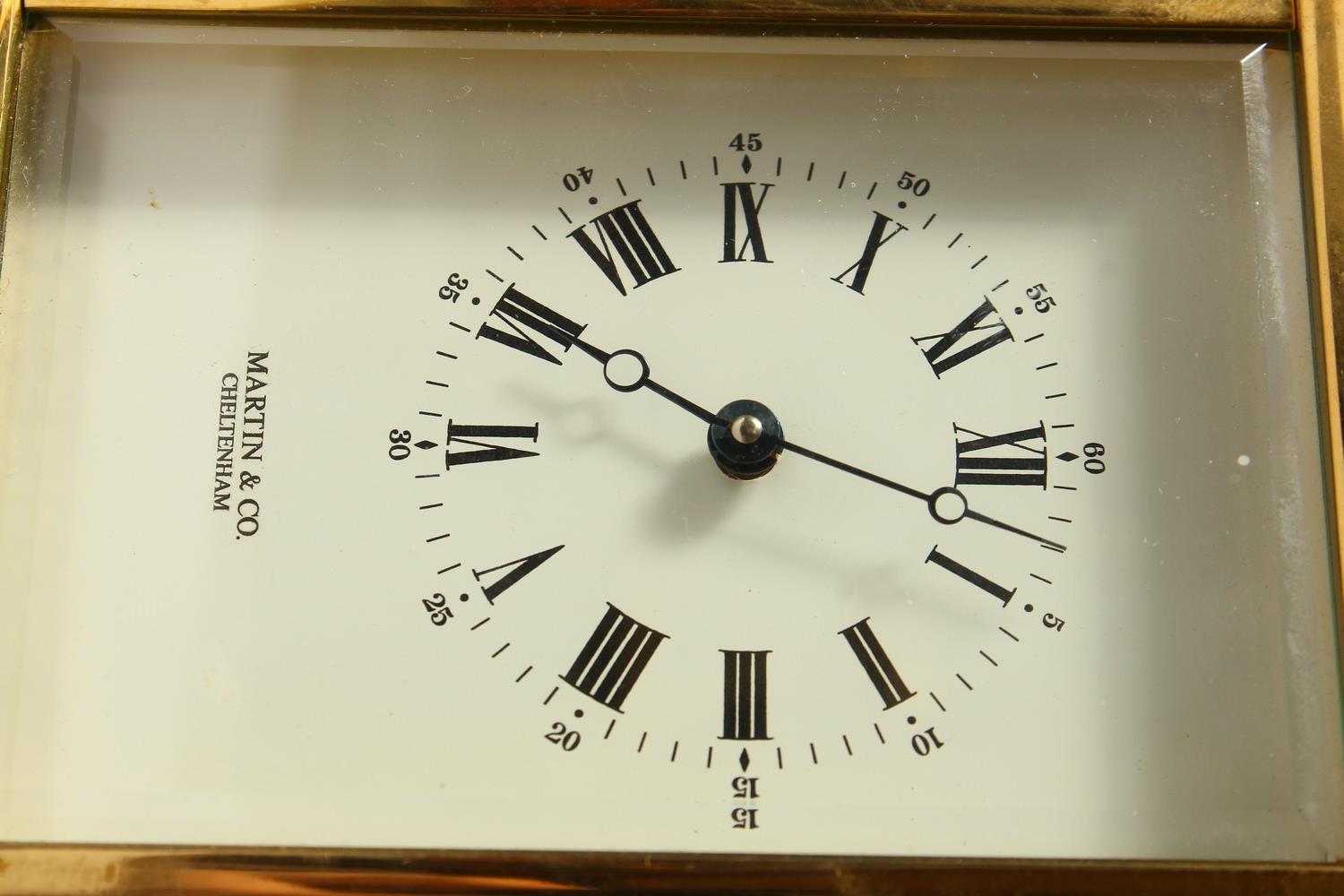 MARTIN & CO., CHELTENHAM, an English brass carriage timepiece, white dial with black Roman numerals. - Image 2 of 10