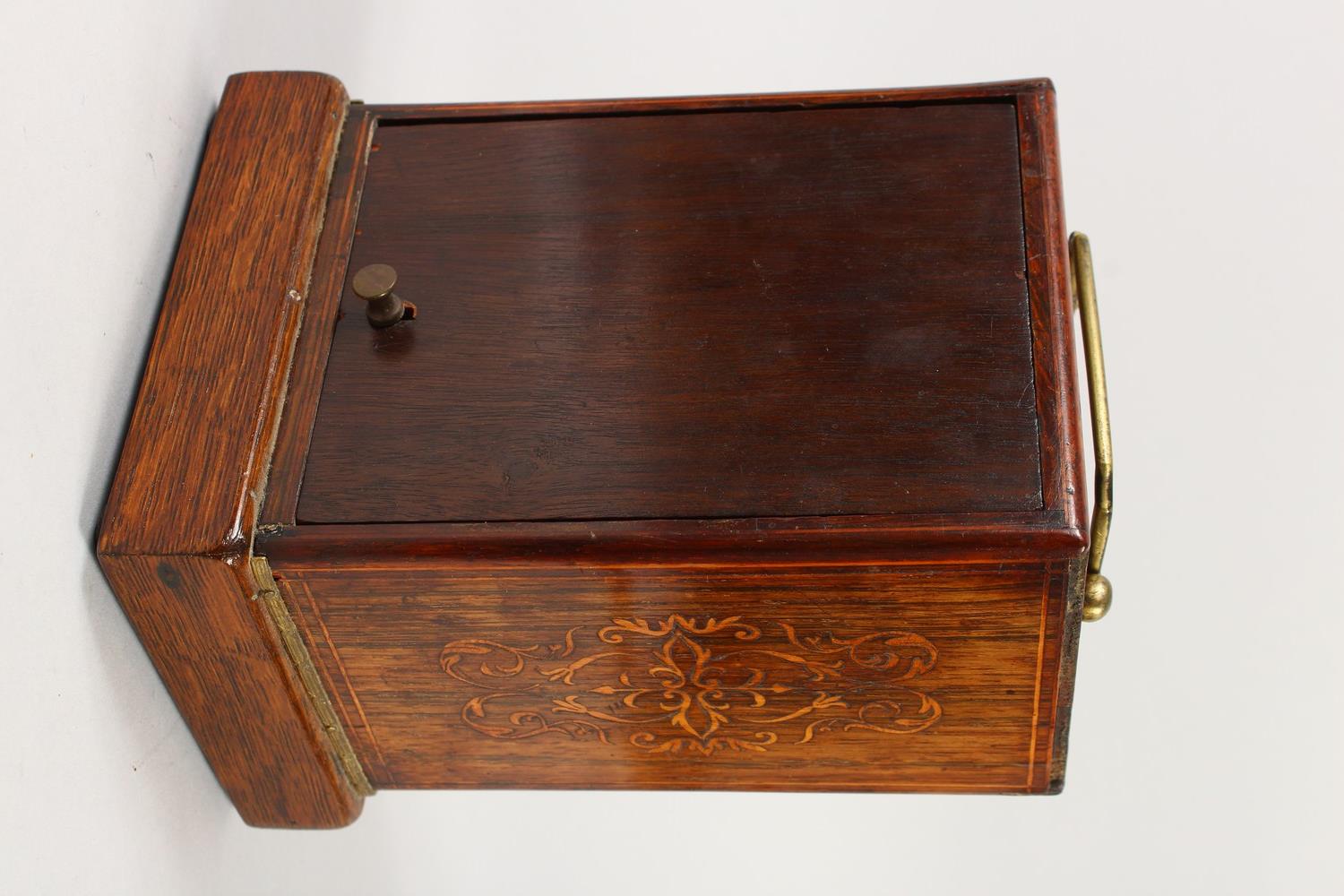 A 19TH CENTURY ROSEWOOD INLAID CLOCK, with white dial, Roman numerals and carrying handle. 18cms - Image 4 of 12