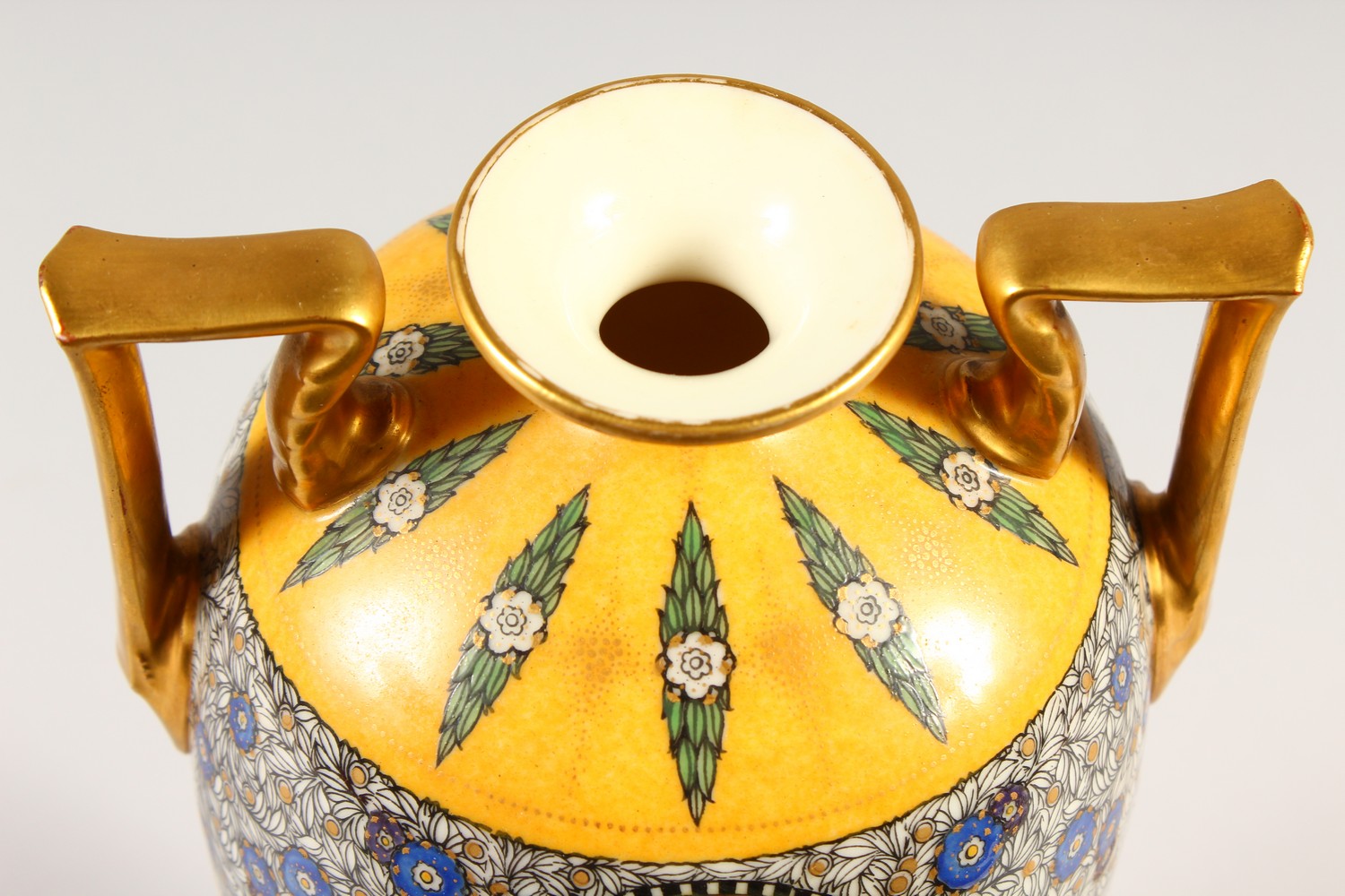 A ROYAL WORCESTER TWO-HANDLED VASE, with yellow ground painted with flowers and garlands. 28cms - Image 4 of 5