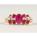 A 14CT YELLOW GOLD, RUBY AND DIAMOND ART DECO STYLE RING.