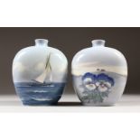 TWO COPENHAGEN BOTTLE VASES, No. 1484/134E & 798/134E, one painted with a yacht at sea, the other