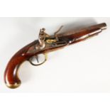 A FRENCH GENDARMARIE FLINTLOCK PISTOL, plain 6.5ins barrel, stock inscribed St. Etienne, brass