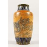 A GOOD ROYAL DOULTON STONEWARE VASE, etched with horses, farmer and sheep by HANNAH BARLOW. 20cms