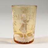 A VICTORIAN MARY GREGORY AMBER TANKARD, CIRCA. 1880, painted with a girl.