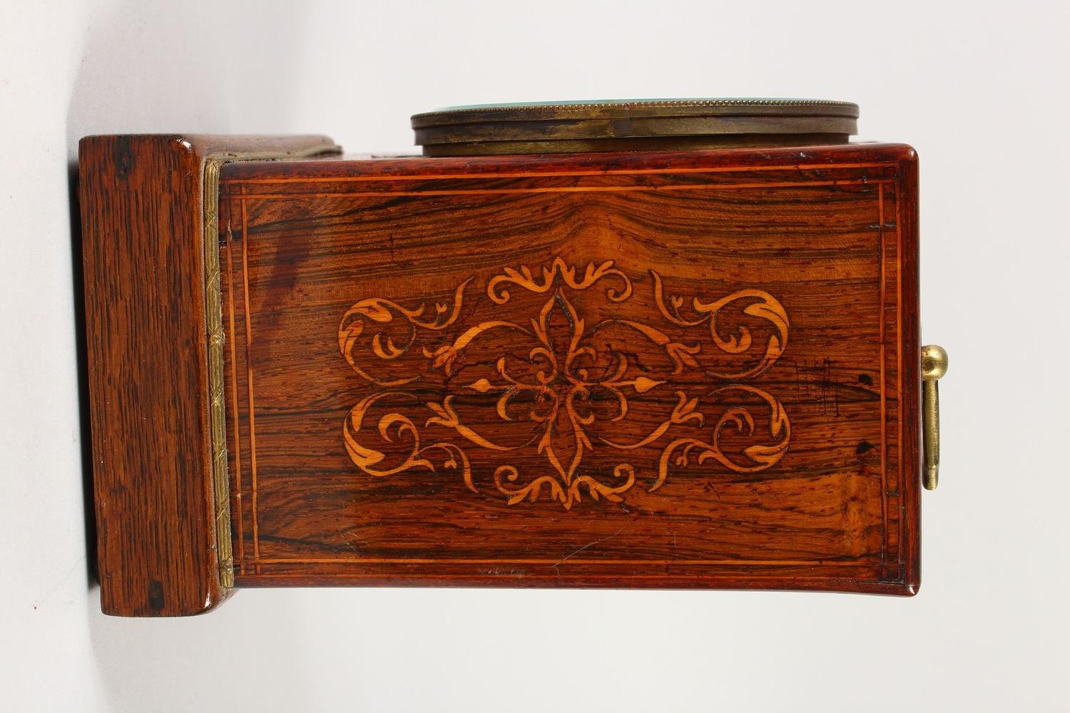 A 19TH CENTURY ROSEWOOD INLAID CLOCK, with white dial, Roman numerals and carrying handle. 18cms - Image 3 of 12