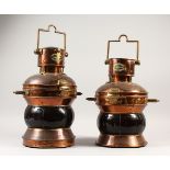 A VERY GOOD PAIR OF STEVENS & SONS, DARLINGTON, COPPER PORT AND STARBOARD LANTERNS. 37cms high.