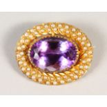 A VERY GOOD 18CT GOLD LARGE AMETHYST AND PEARL BROOCH.