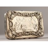 A LARGE COLONIAL SILVER SNUFF BOX, 11.5cms x 7.5cms, the lid repousse with a board room scene,