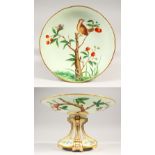 A GOOD MINTON PORCELAIN PEDESTAL CAKE BASKET, painted with a bird on a branch, the base with three