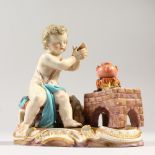 A SMALL MEISSEN GROUP "WINTER", a cupid beside a stove. Cross swords mark in blue. 4ins high.