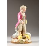 A SMALL 19TH CENTURY MEISSEN PORCELAIN GROUP OF A YOUNG BOY FEEDING DUCKS. Cross swords mark in