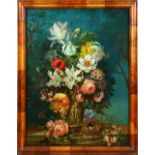 A GOOD VICTORIAN REVERSE PAINTING ON GLASS, flowers in a classical vase on a ledge, monogrammed