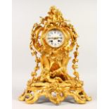 A 19TH CENTURY FRENCH ORMOLU MANTLE CLOCK, with eight-day movement, striking on a bell, with white
