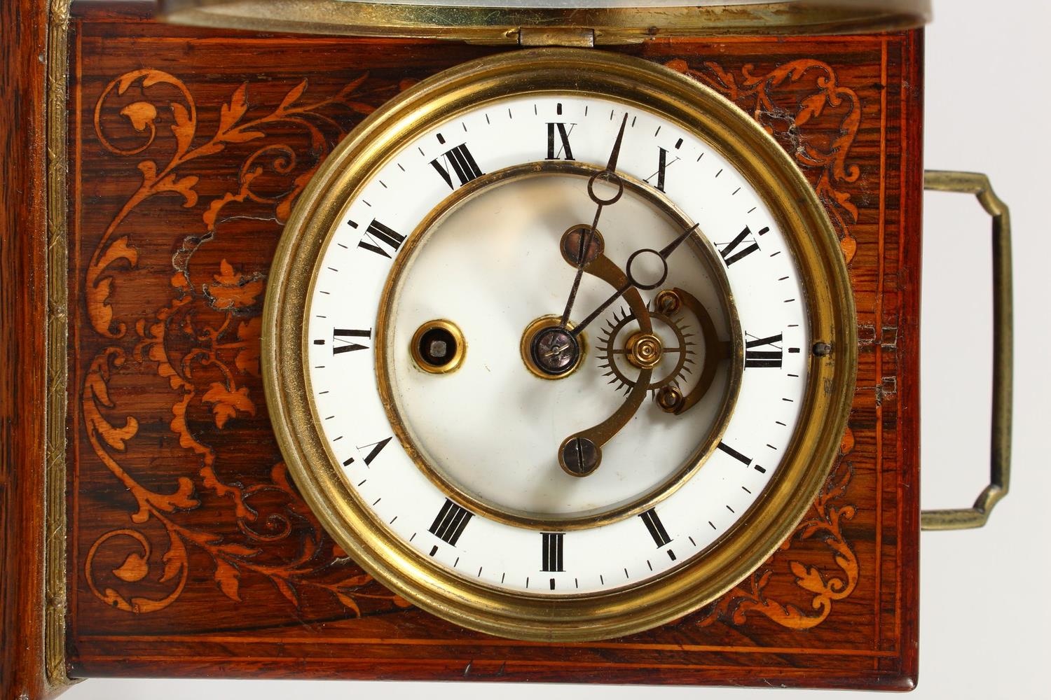 A 19TH CENTURY ROSEWOOD INLAID CLOCK, with white dial, Roman numerals and carrying handle. 18cms - Image 2 of 12