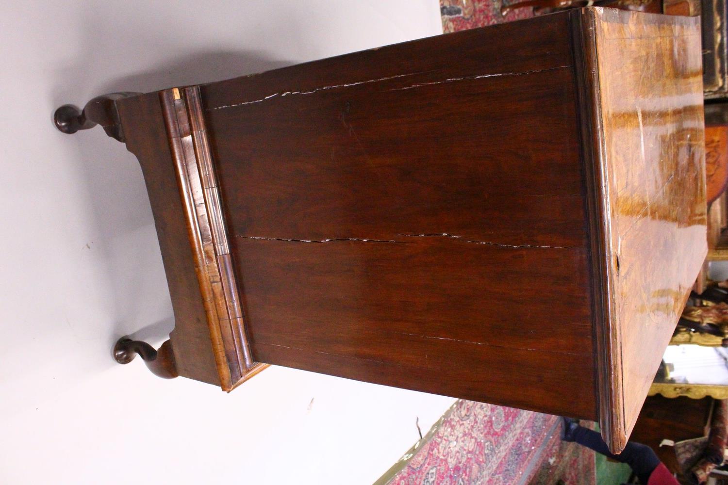 AN EARLY 18TH CENTURY WALNUT CHEST ON STAND, with a herringbone inlaid top, four graduated long - Image 15 of 17