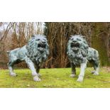 A VERY GOOD PAIR OF CAST BRONZE MALE LIONS, in a standing pose with snarling expressions. 180cms