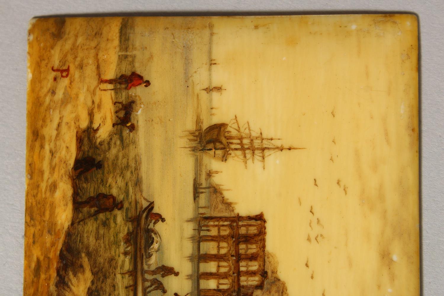 AN IVORY PLAQUE, painted with a classical harbour. Monogrammed P. 5.5cms x 9.5cms. - Image 3 of 7