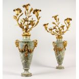 A SUPERB PAIR OF LOUIS XVIth DESIGN MARBLE AND ORMOLU THREE LIGHT CANDELABRA with ram's masks and
