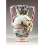 A DELFT TIN GLAZE THREE HANDLED VASE, painted with reverse scenes of flowers and Dutch river