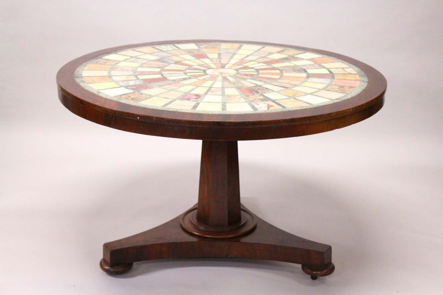 A 19TH CENTURY MAHOGANY PEDESTAL CENTRE TABLE, with a circular specimen marble top, supported on - Image 2 of 29