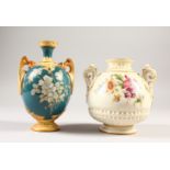 A ROYAL WORCESTER TWO-HANDLED VASE, Pattern No. 1995, painted with reverse panels of flowers,