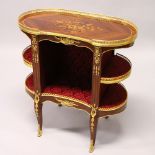 A FRENCH STYLE MARQUETRY AND ORMOLU KIDNEY SHAPED ETAGERE, on cabriole legs. 74cms wide x 79cms high