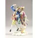A CONTINENTAL PORCELAIN GROUP, YOUNG LOVERS, gallant and lady walking arm in arm. Cross swords and