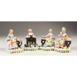 A SET OF FOUR MEISSEN DESIGN PORCELAIN MINIATURES, ladies at a table. 7cms high.