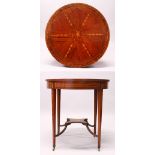 A GOOD SHERATON REVIVAL MARQUETRY CIRCULAR CENTRE TABLE, the top inlaid with a central floral panel,