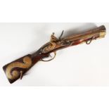 A TURKISH FLINTLOCK KNEE BLUNDERBUSS PISTOL, swaged barrel with traces of engraved decoration,