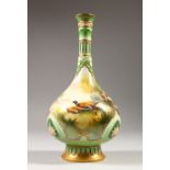 A HADLEY'S WORCESTER BOTTLE VASE, painted with pheasants by W. POWELL. 25cms high. Lip repaired.