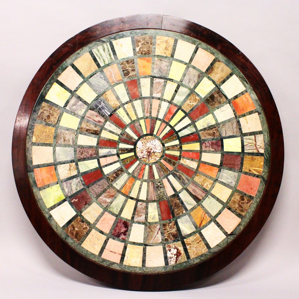 A 19TH CENTURY MAHOGANY PEDESTAL CENTRE TABLE, with a circular specimen marble top, supported on - Image 12 of 29