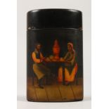 A RUSSIAN OVAL PAPIER MACHE CHEROOT CASE, the side painted with a man and woman sitting at a